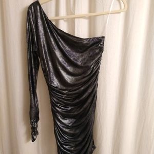 Metallic silver roushed one sleeve mini